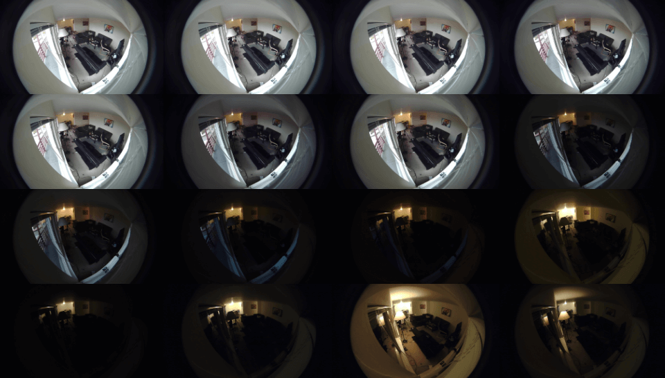 Sequence of 16 images showing an apartment during sunset