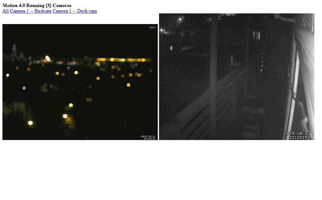 The Motion project web control page showing two cameras